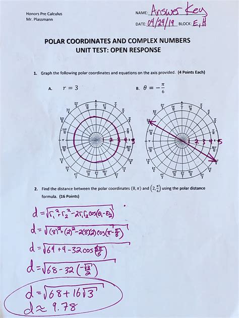 be along the polar axis since the function is cosine and will loop to the left since the. . Polar graphs worksheet answer key